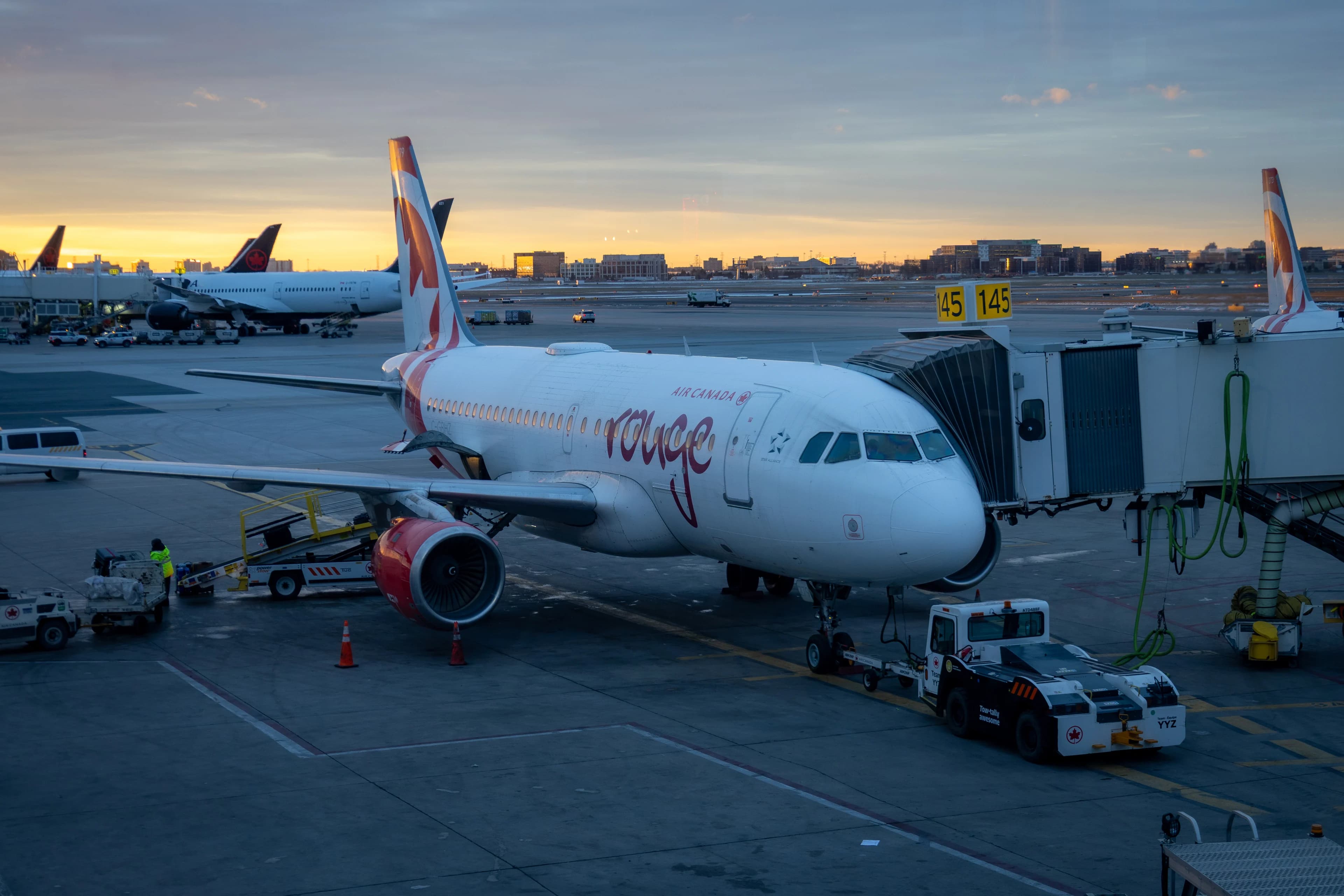 An Air Canada Rouge jet at the gate with a tug hitched to its nose, the sun coming up orange along the horizon and more tails lined up across the apron.