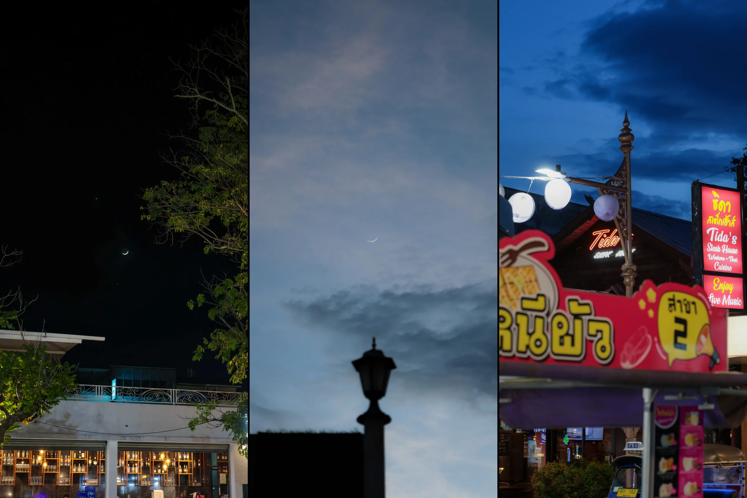 Three vertical frames side by side: a crescent moon in a black sky above trees and a lit bar of bottle shelves, the same crescent in a blue-grey sky above a silhouetted street lamp, and glowing Thai shop signs and paper lanterns under a deep blue cloudy sky.