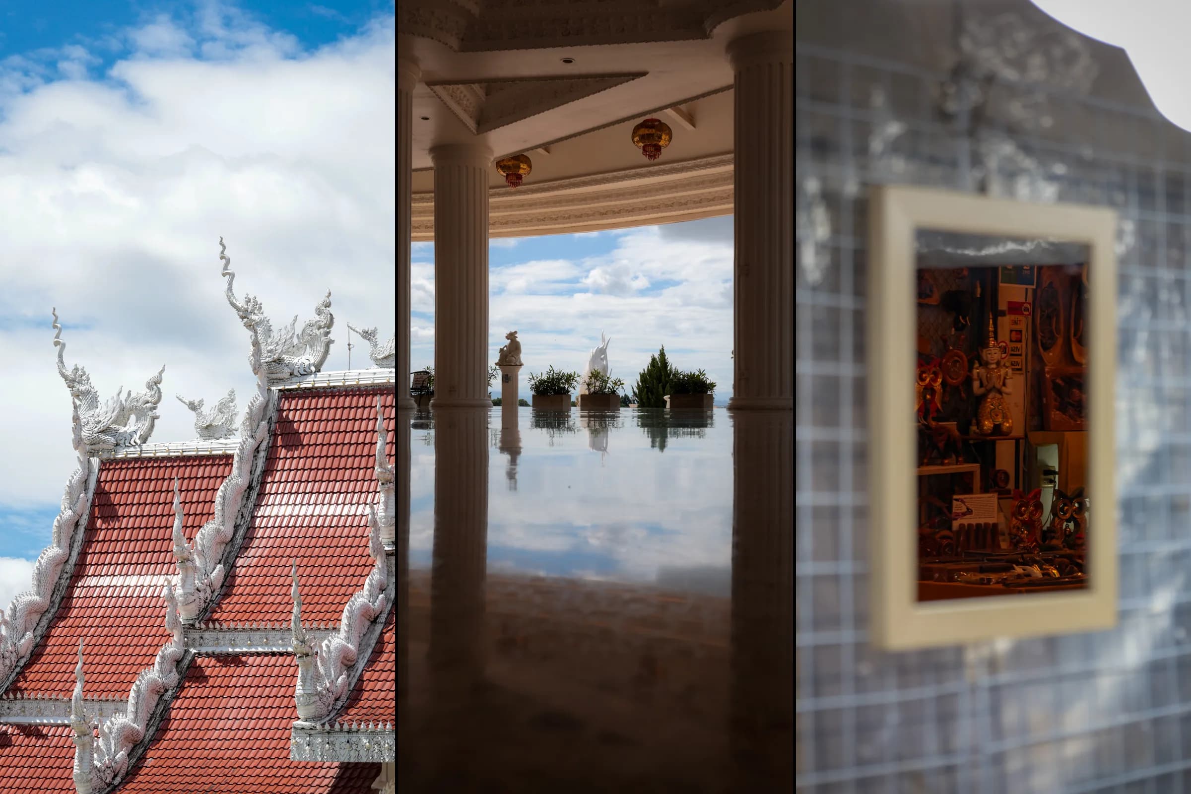 Three vertical frames side by side: white naga carvings climbing a red-tiled temple roof under cloud, white fluted columns reflected in a polished floor with clouds beyond, and a cream-framed mirror on a wire grid holding a shop of carved figures.