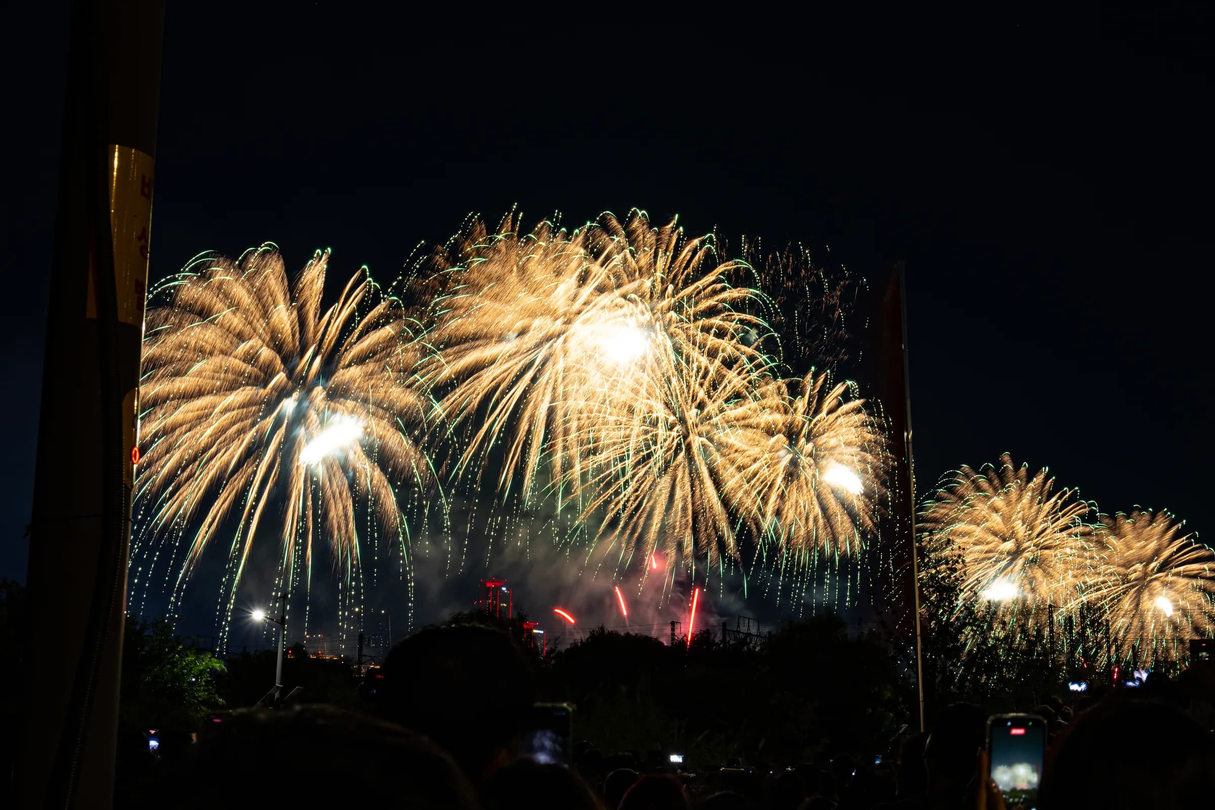 Golden firework bursts fill a black night sky above a dark silhouetted crowd.