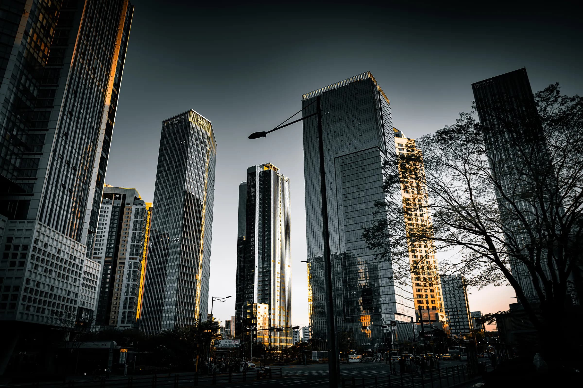 Low-angle view of glass high-rise towers and a construction crane catching late sun beside bare trees.